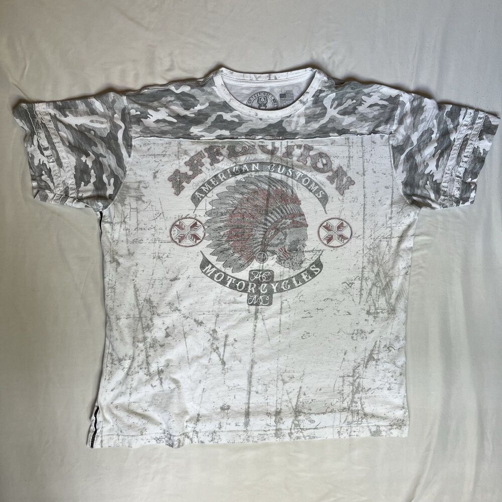 Affliction Shirt American Customs Men’s 3XL White Indian Headdress Skull Camo